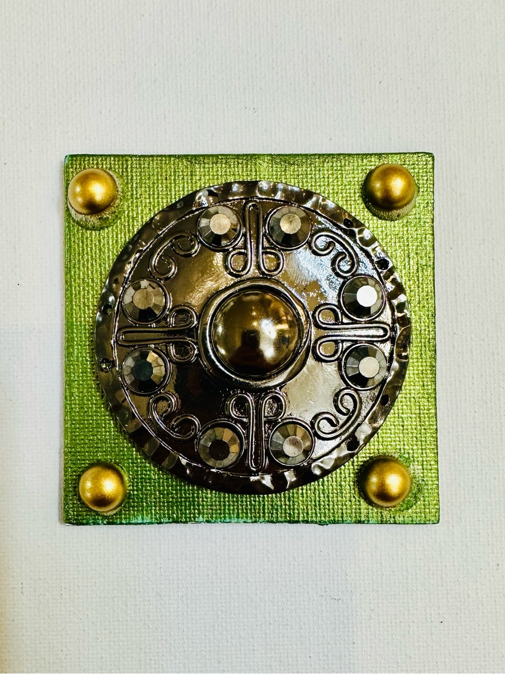 Handmade Vintage Medallion Magnet | Mixed Media Metallic Art | 3x3”